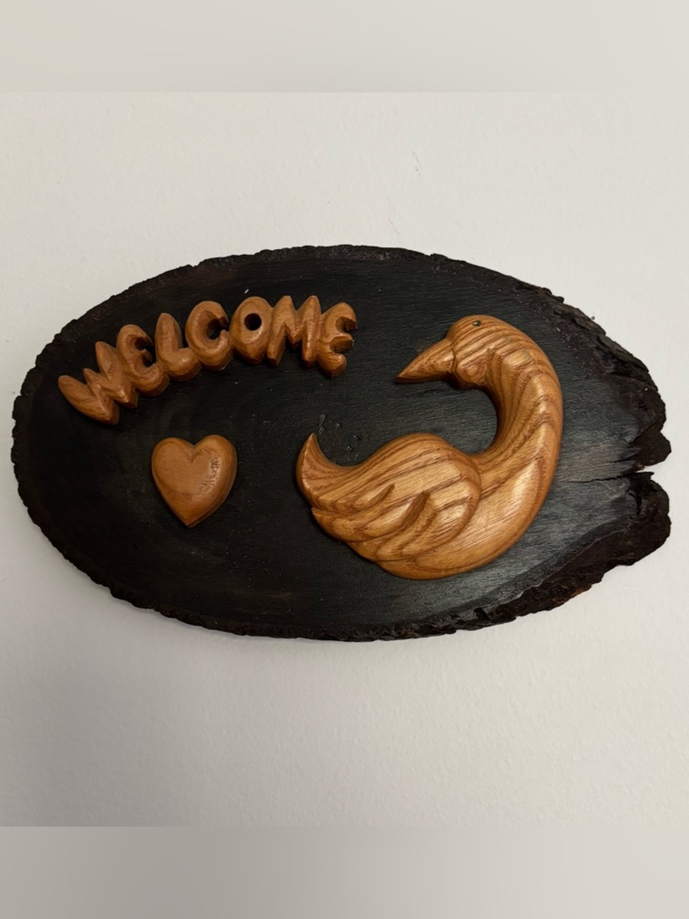 Vintage 1980s Light Carved Wooden Welcome Plaque Duck Heart Dark Live Edge Decor